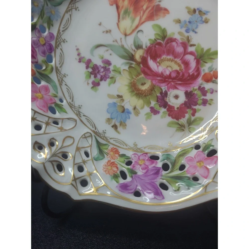 Rare E.S. Prussia Dresden Flowers Gilded Porcelain Bowl Plate Scalloped Openwork